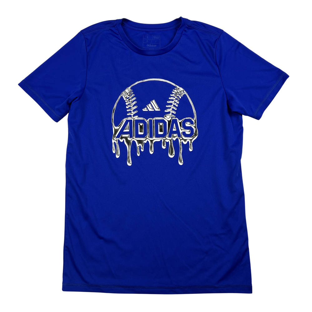 Adidas Shirt Mens Large Baseball Graphic Dripping Logo Blue AEROREADY Tee